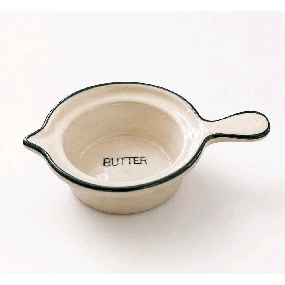 Ceramic Butter Melting Pot Dipping Dish With Spout & Handle White Black Rim